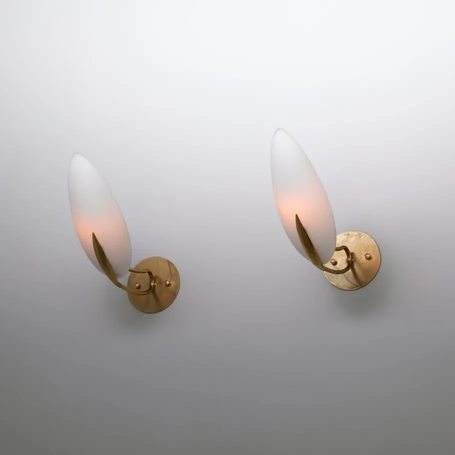 Best Pamono Vintage Italian Brass Sconces with Almond-Shaped Opaline Glass Shades, 1950s, Set of 2