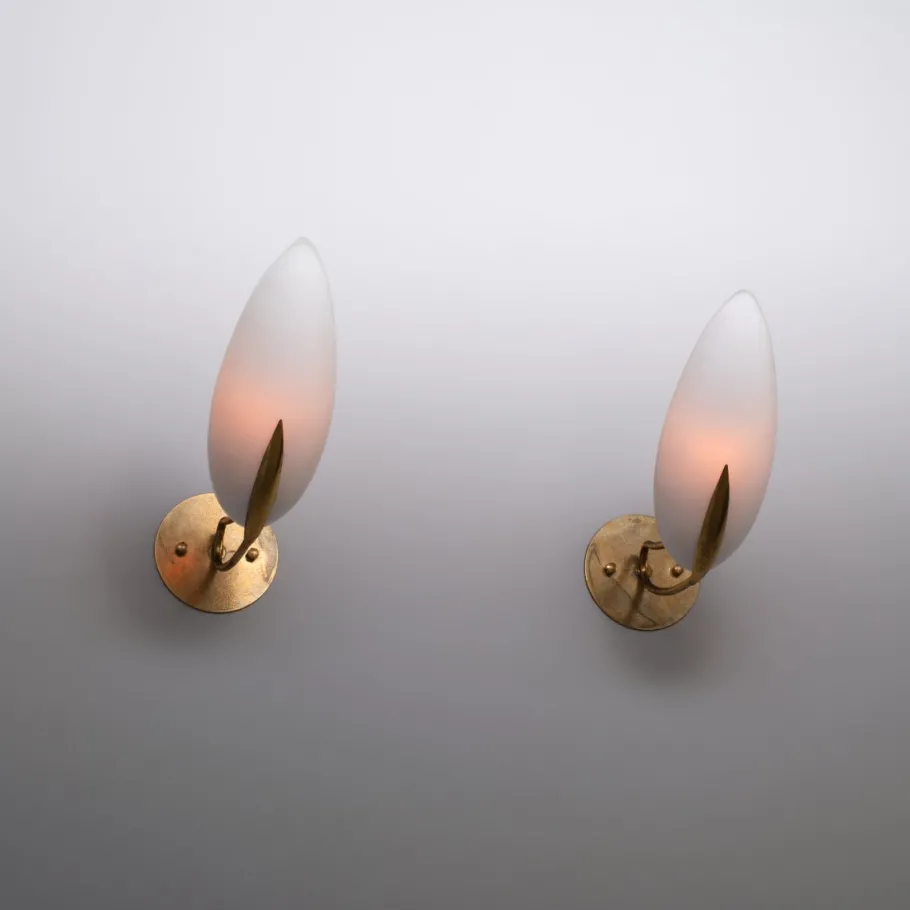 Best Pamono Vintage Italian Brass Sconces with Almond-Shaped Opaline Glass Shades, 1950s, Set of 2