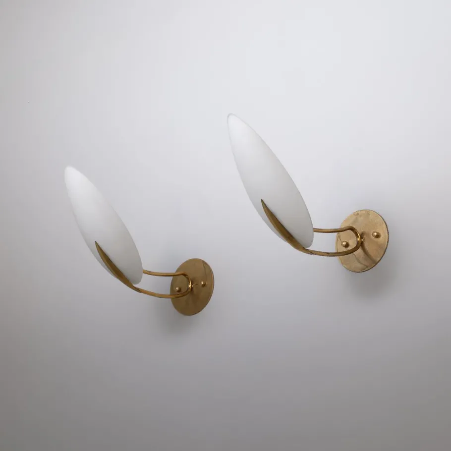 Best Pamono Vintage Italian Brass Sconces with Almond-Shaped Opaline Glass Shades, 1950s, Set of 2