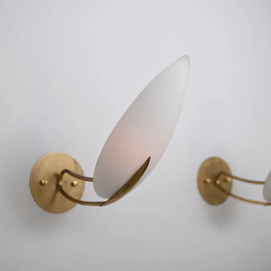 Best Pamono Vintage Italian Brass Sconces with Almond-Shaped Opaline Glass Shades, 1950s, Set of 2