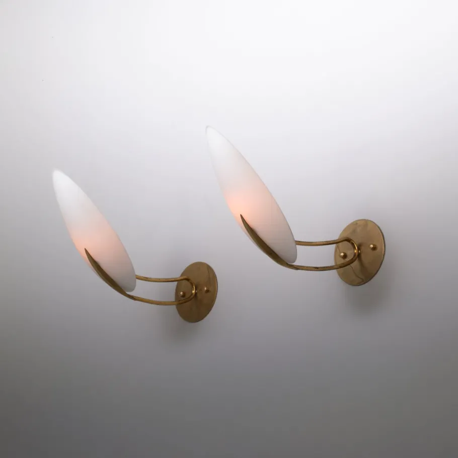 Best Pamono Vintage Italian Brass Sconces with Almond-Shaped Opaline Glass Shades, 1950s, Set of 2