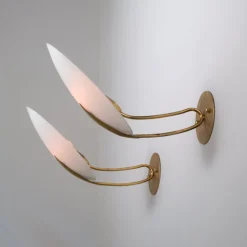 Best Pamono Vintage Italian Brass Sconces with Almond-Shaped Opaline Glass Shades, 1950s, Set of 2