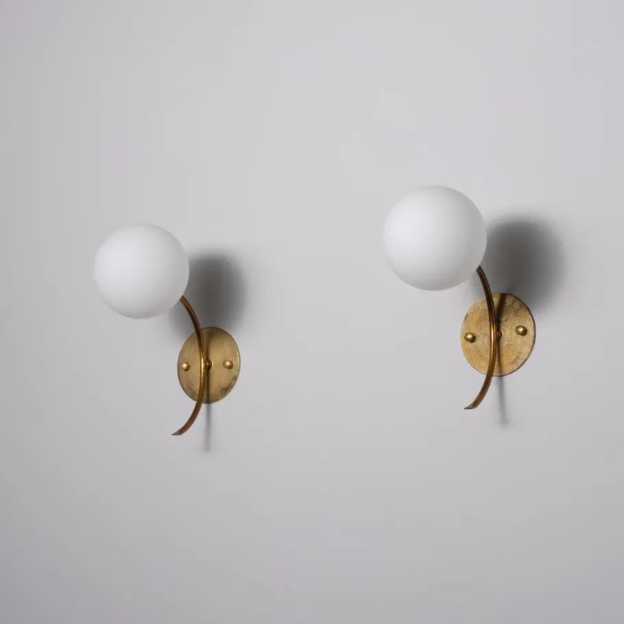 Sale Pamono Vintage Italian Brass Sconces with Opaline Glass Globes, 1950s, Set of 2