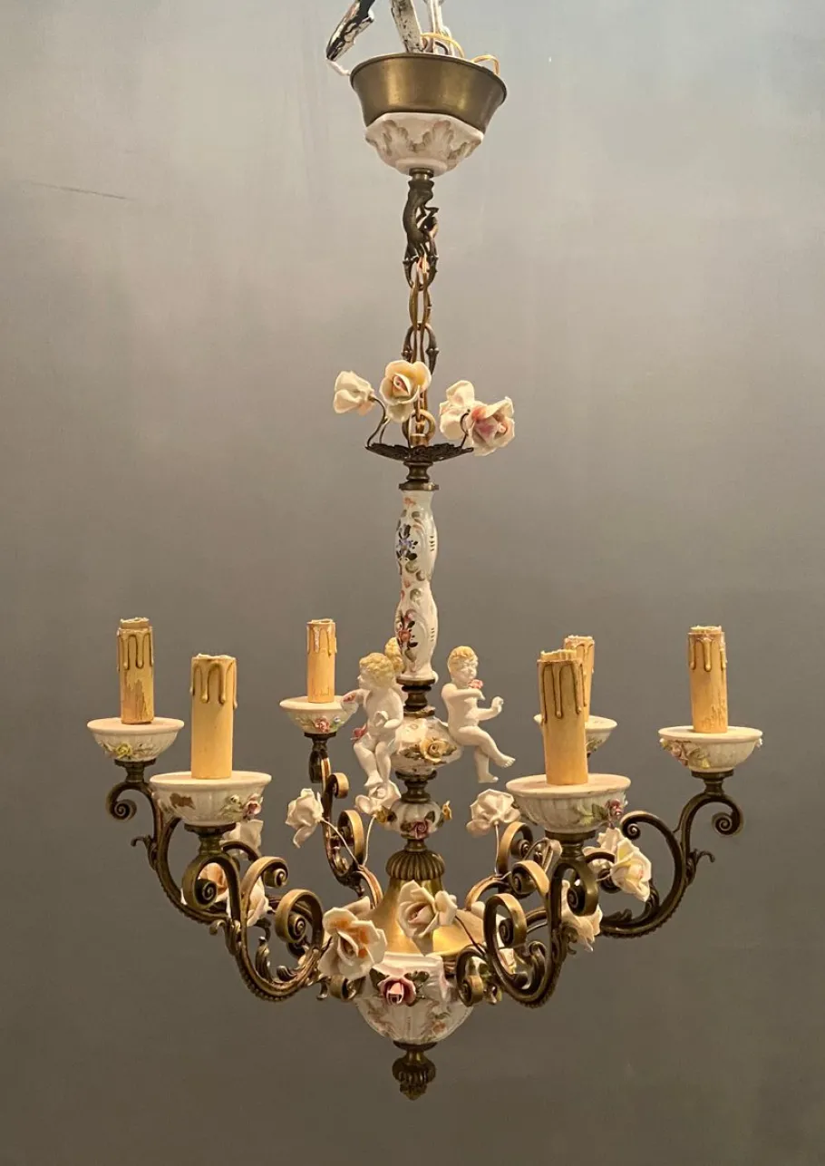 New Pamono Vintage Italian Bronze Ceramic Chandelier by Antonio Zen for Le Ceramiche di Nove e Bassano, 1950s