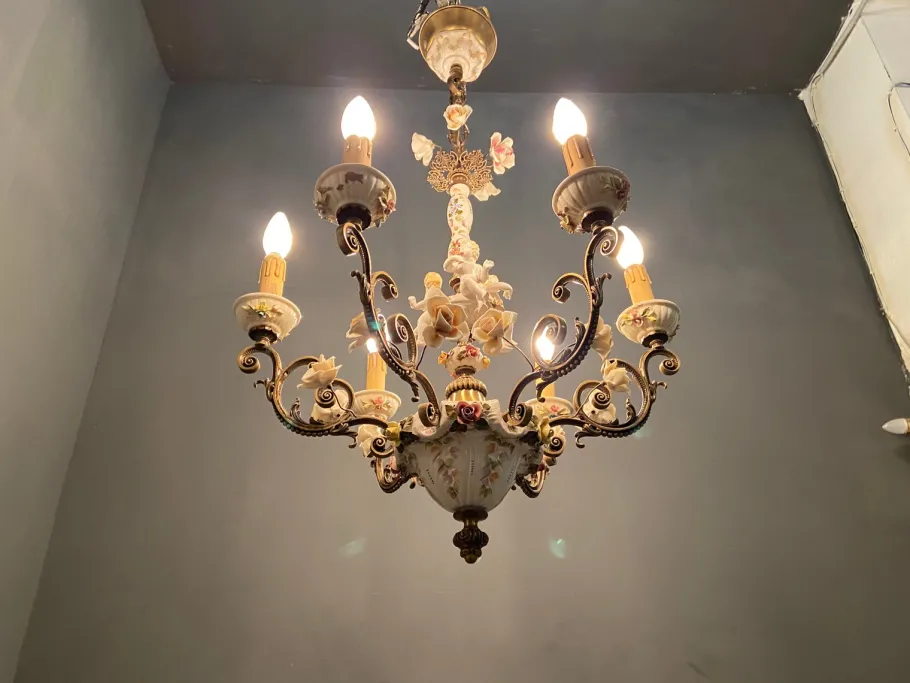 New Pamono Vintage Italian Bronze Ceramic Chandelier by Antonio Zen for Le Ceramiche di Nove e Bassano, 1950s