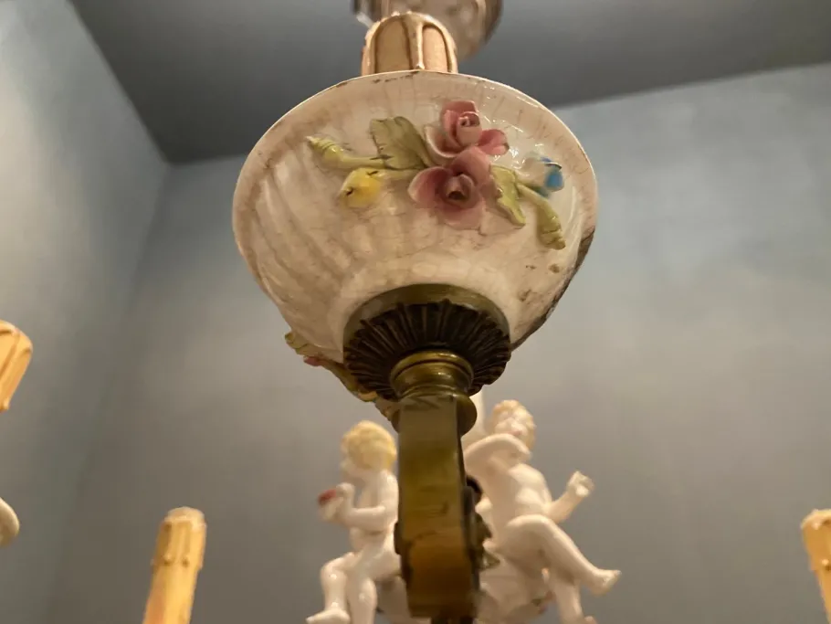 New Pamono Vintage Italian Bronze Ceramic Chandelier by Antonio Zen for Le Ceramiche di Nove e Bassano, 1950s