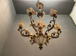 New Pamono Vintage Italian Bronze Ceramic Chandelier by Antonio Zen for Le Ceramiche di Nove e Bassano, 1950s