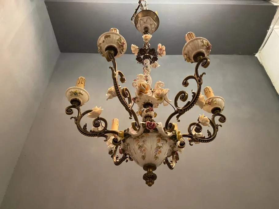 New Pamono Vintage Italian Bronze Ceramic Chandelier by Antonio Zen for Le Ceramiche di Nove e Bassano, 1950s