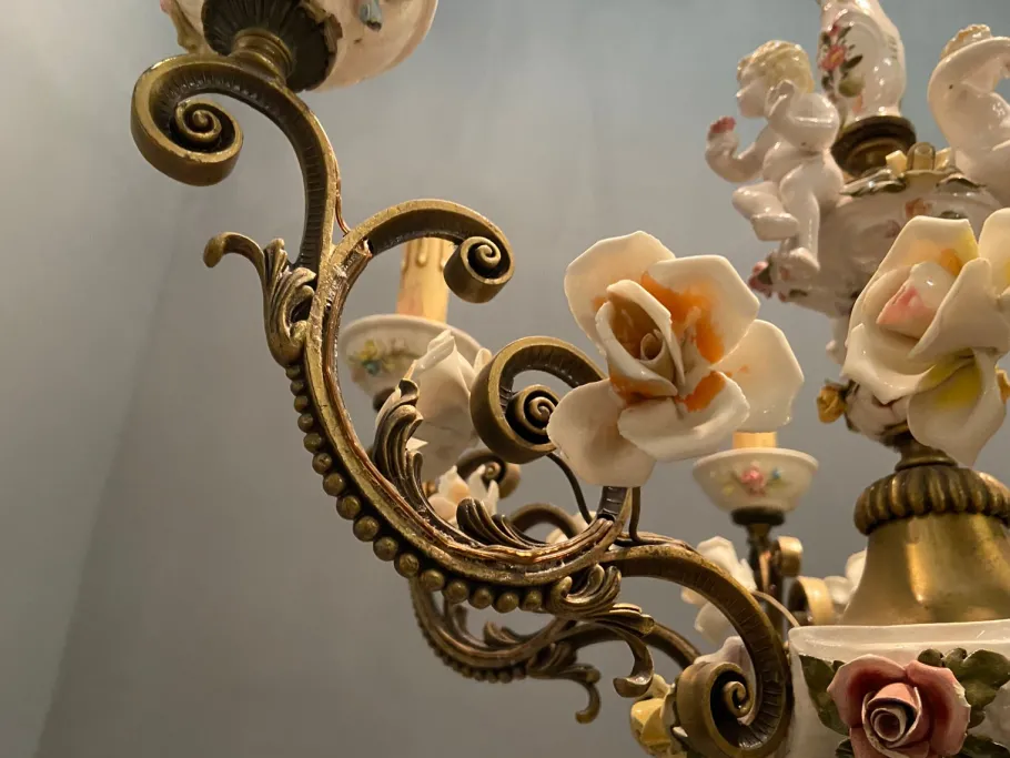 New Pamono Vintage Italian Bronze Ceramic Chandelier by Antonio Zen for Le Ceramiche di Nove e Bassano, 1950s