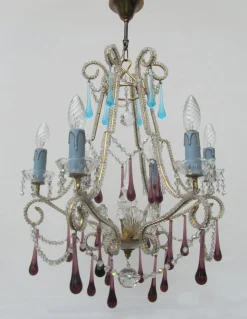 Clearance Pamono Vintage Italian Crystal Beaded 6-light Chandelier with Purple & Azure Drops