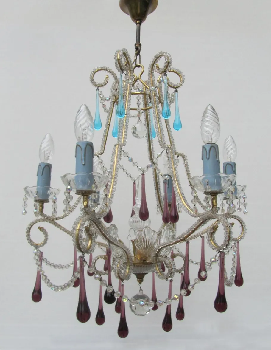 Clearance Pamono Vintage Italian Crystal Beaded 6-light Chandelier with Purple & Azure Drops