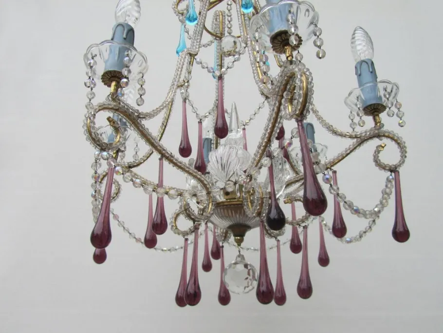 Clearance Pamono Vintage Italian Crystal Beaded 6-light Chandelier with Purple & Azure Drops