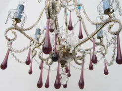 Clearance Pamono Vintage Italian Crystal Beaded 6-light Chandelier with Purple & Azure Drops