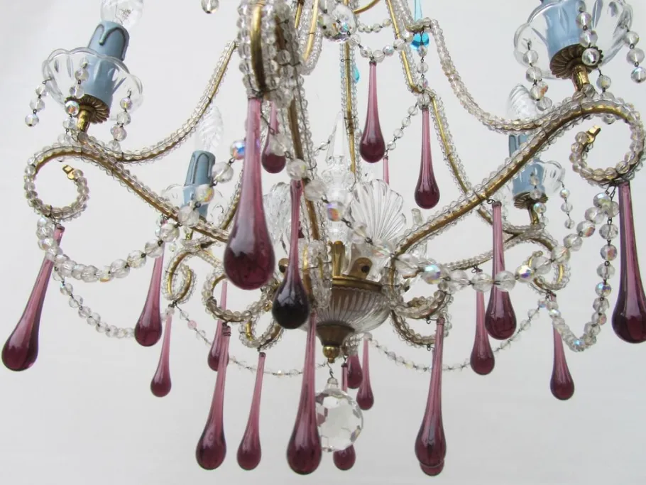 Clearance Pamono Vintage Italian Crystal Beaded 6-light Chandelier with Purple & Azure Drops