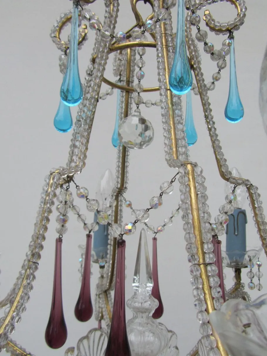 Clearance Pamono Vintage Italian Crystal Beaded 6-light Chandelier with Purple & Azure Drops