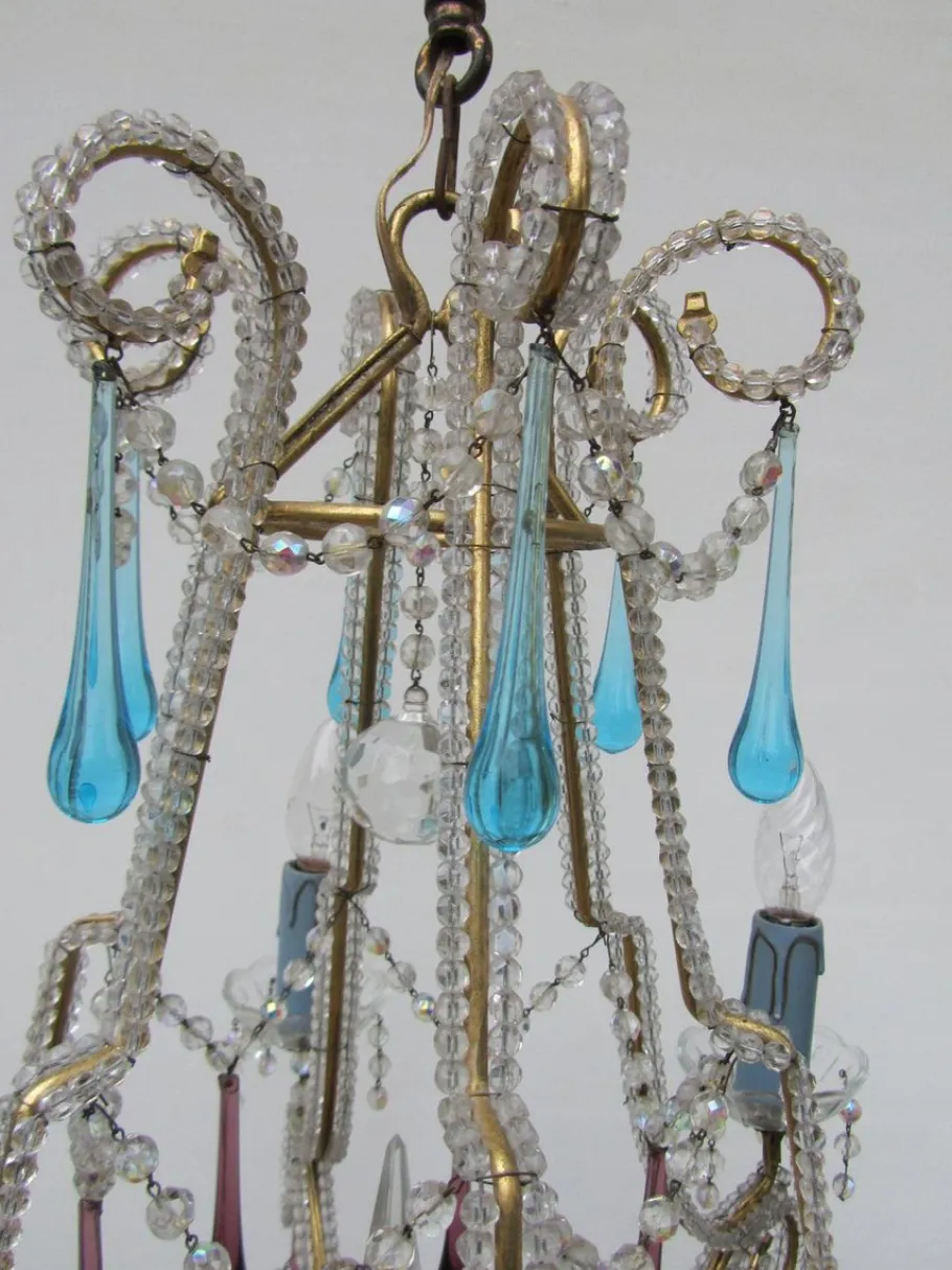 Clearance Pamono Vintage Italian Crystal Beaded 6-light Chandelier with Purple & Azure Drops