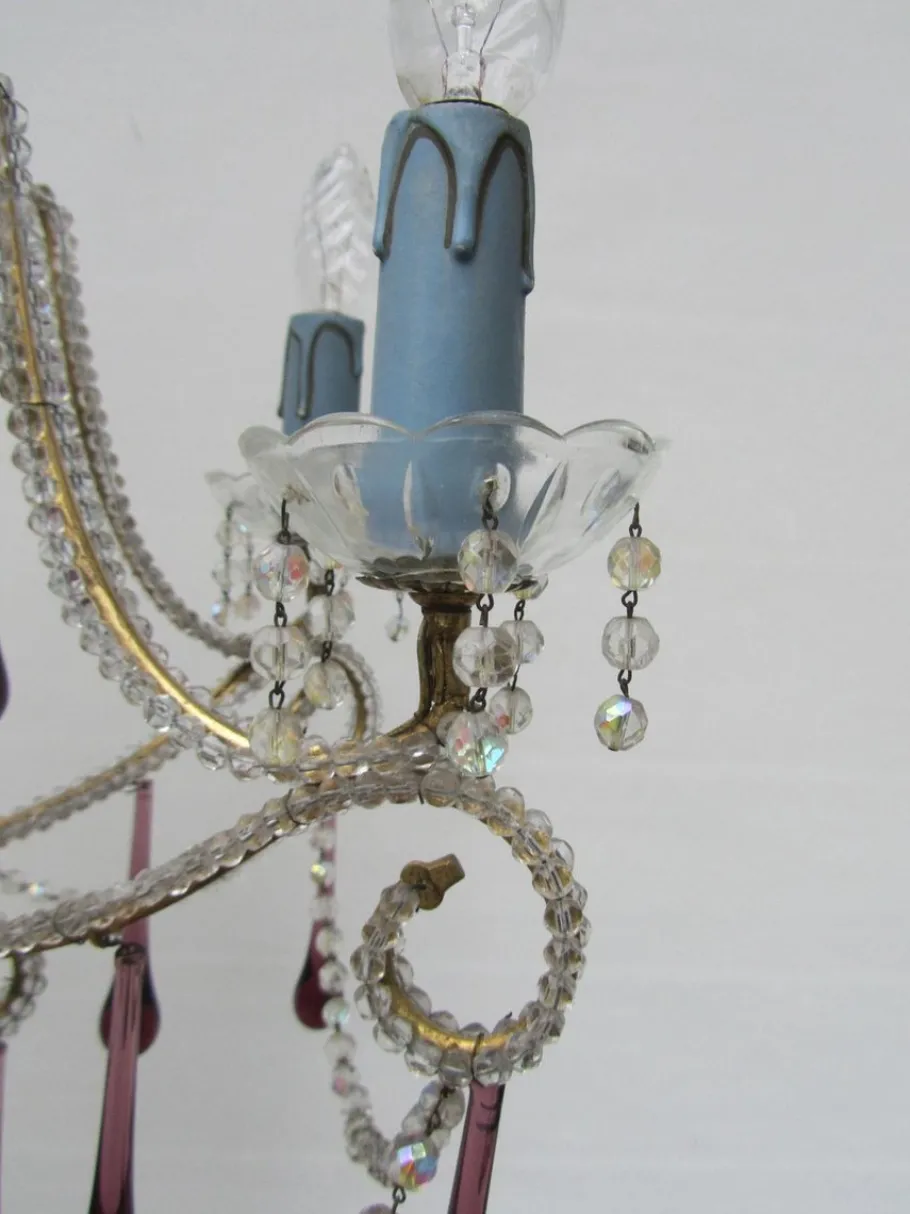 Clearance Pamono Vintage Italian Crystal Beaded 6-light Chandelier with Purple & Azure Drops