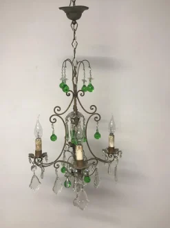 New Pamono Vintage Italian Crystal Chandelier with Green Murano Glass Drops
