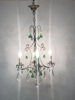 New Pamono Vintage Italian Crystal Chandelier with Green Murano Glass Drops