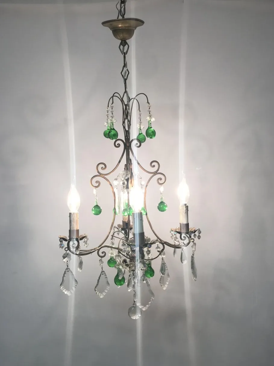 New Pamono Vintage Italian Crystal Chandelier with Green Murano Glass Drops