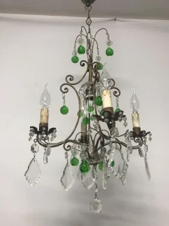 New Pamono Vintage Italian Crystal Chandelier with Green Murano Glass Drops