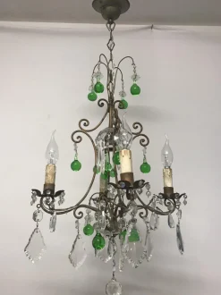 New Pamono Vintage Italian Crystal Chandelier with Green Murano Glass Drops