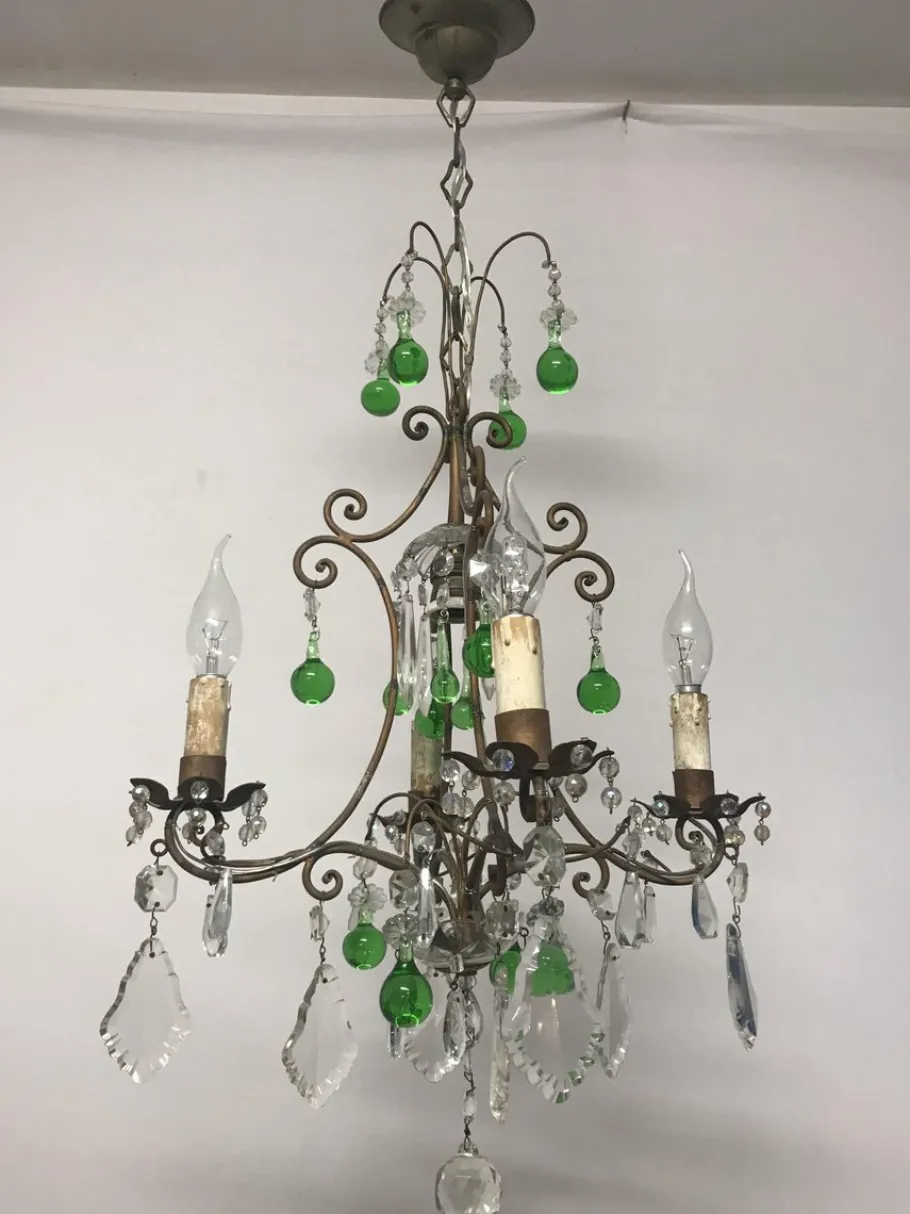New Pamono Vintage Italian Crystal Chandelier with Green Murano Glass Drops