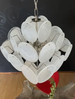 New Pamono Vintage Italian Murano Chandelier with 36 White Disks, 1979