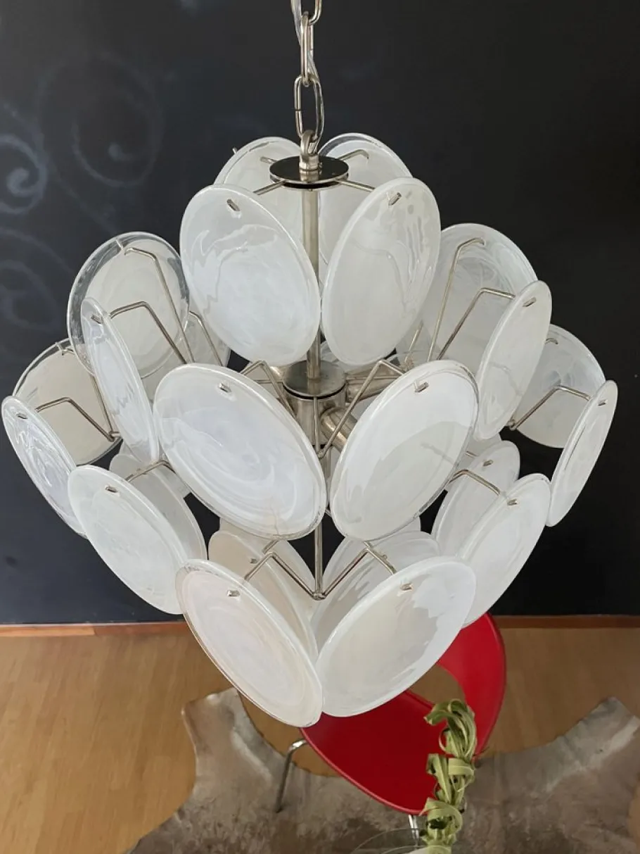 New Pamono Vintage Italian Murano Chandelier with 36 White Disks, 1979