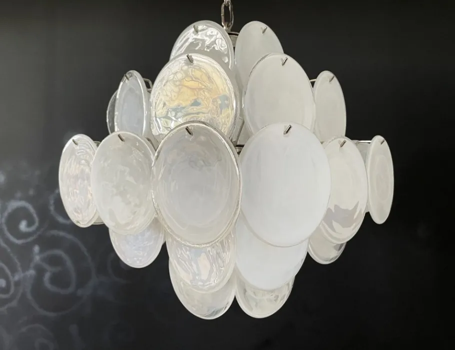 New Pamono Vintage Italian Murano Chandelier with 36 White Disks, 1979