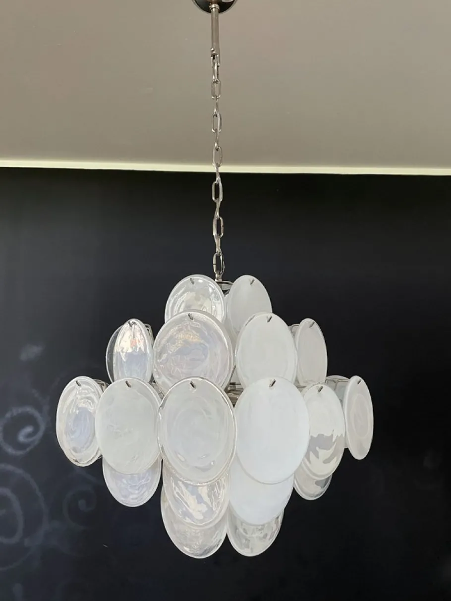New Pamono Vintage Italian Murano Chandelier with 36 White Disks, 1979