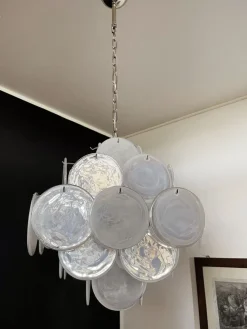 New Pamono Vintage Italian Murano Chandelier with 36 White Disks, 1979