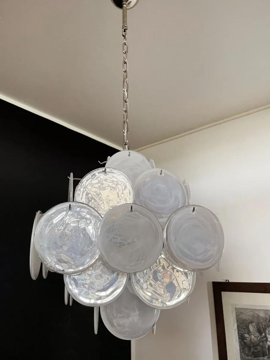 New Pamono Vintage Italian Murano Chandelier with 36 White Disks, 1979