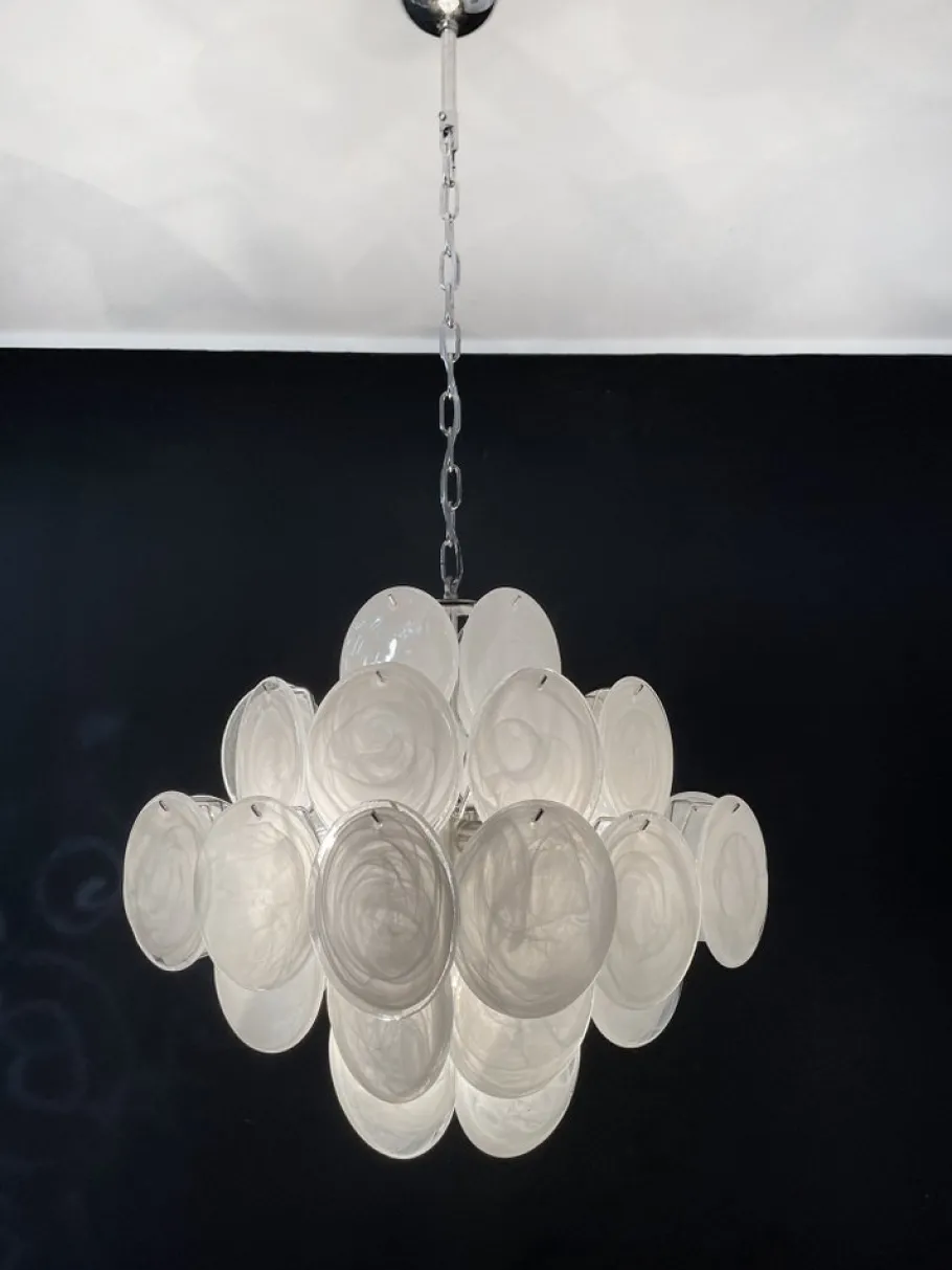New Pamono Vintage Italian Murano Chandelier with 36 White Disks, 1979