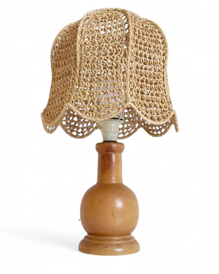 Hot Pamono Vintage Italian Pine Lamp with Hand-Woven Macrame Raffia Shade, 1970s