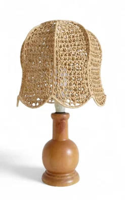 Hot Pamono Vintage Italian Pine Lamp with Hand-Woven Macrame Raffia Shade, 1970s