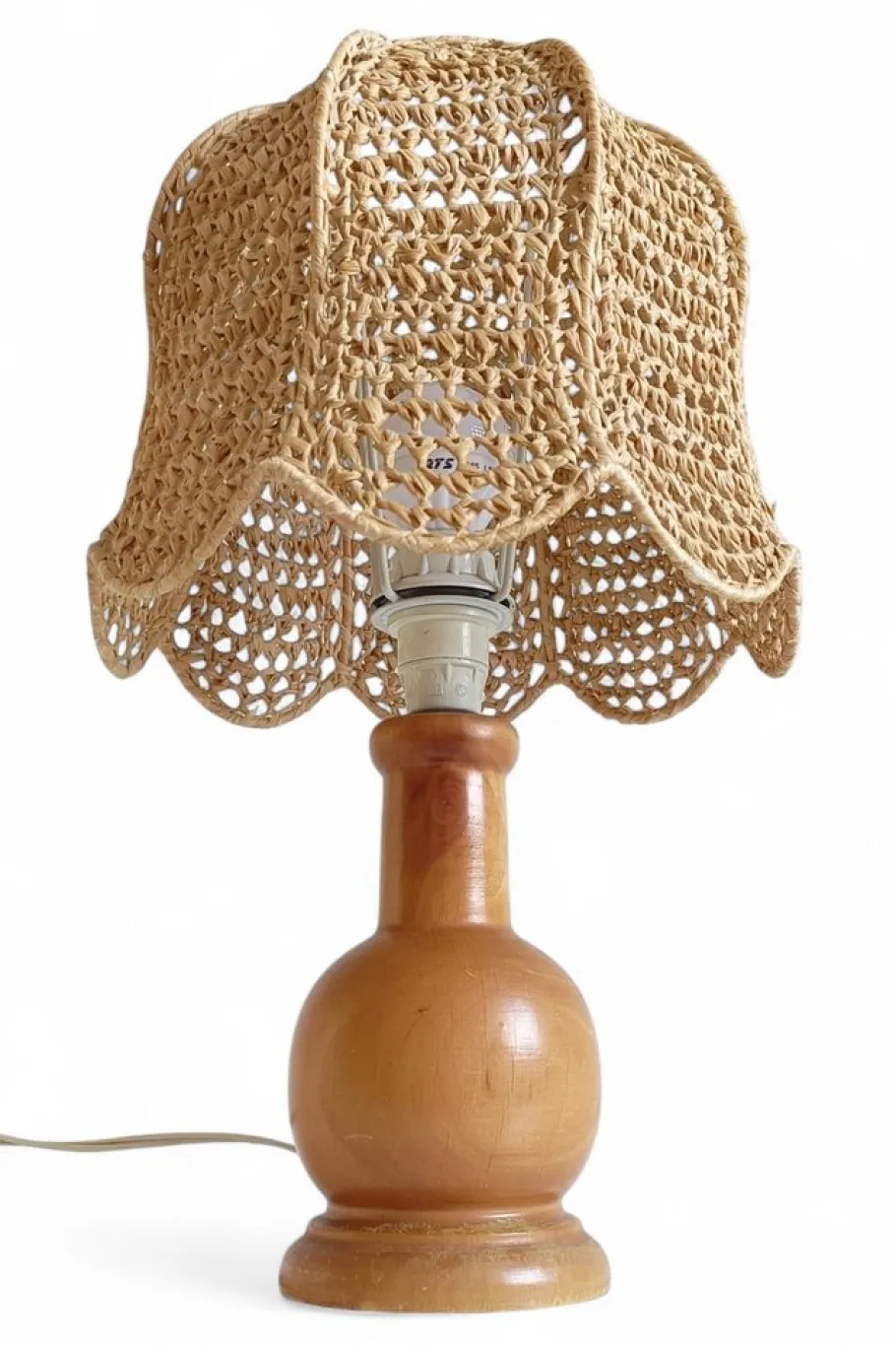 Hot Pamono Vintage Italian Pine Lamp with Hand-Woven Macrame Raffia Shade, 1970s