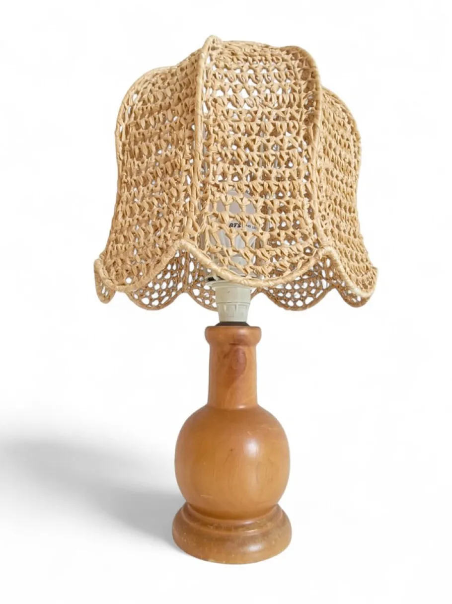 Hot Pamono Vintage Italian Pine Lamp with Hand-Woven Macrame Raffia Shade, 1970s
