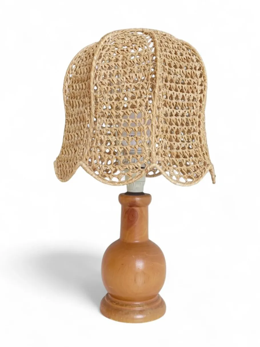 Hot Pamono Vintage Italian Pine Lamp with Hand-Woven Macrame Raffia Shade, 1970s