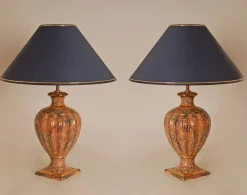 Hot Pamono Vintage Italian Table Lamps in Pink, Blue and Gold Faux Marble Ceramic, 1980s, Set of 2