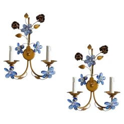 Clearance Pamono Vintage Italian Tole & Murano Glass Flower Wall Sconces, 1960s, Set of 2