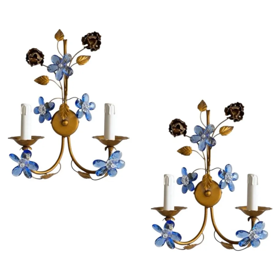 Clearance Pamono Vintage Italian Tole & Murano Glass Flower Wall Sconces, 1960s, Set of 2