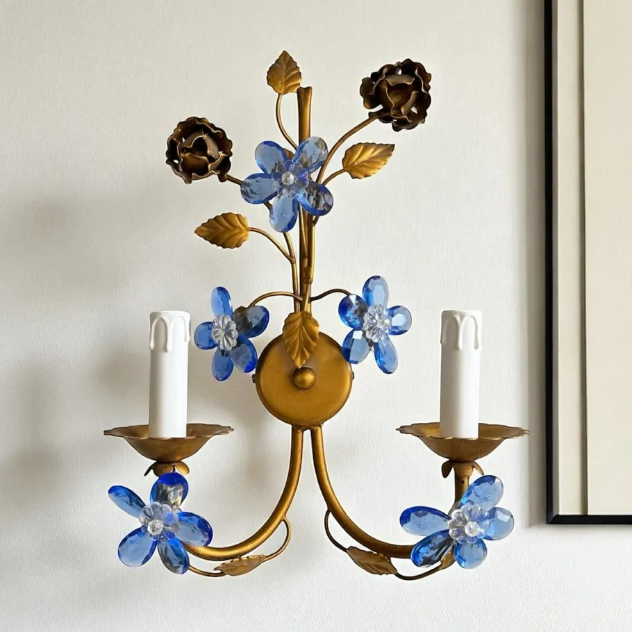 Clearance Pamono Vintage Italian Tole & Murano Glass Flower Wall Sconces, 1960s, Set of 2