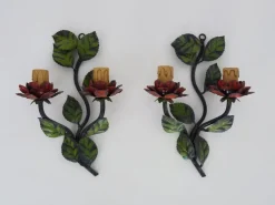 Clearance Pamono Vintage Italian Wall Lights in Painted Metal with Flowers and Foliage, 1960s, Set of 2