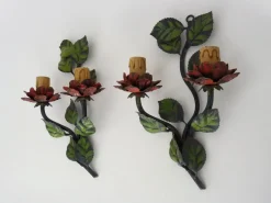 Clearance Pamono Vintage Italian Wall Lights in Painted Metal with Flowers and Foliage, 1960s, Set of 2