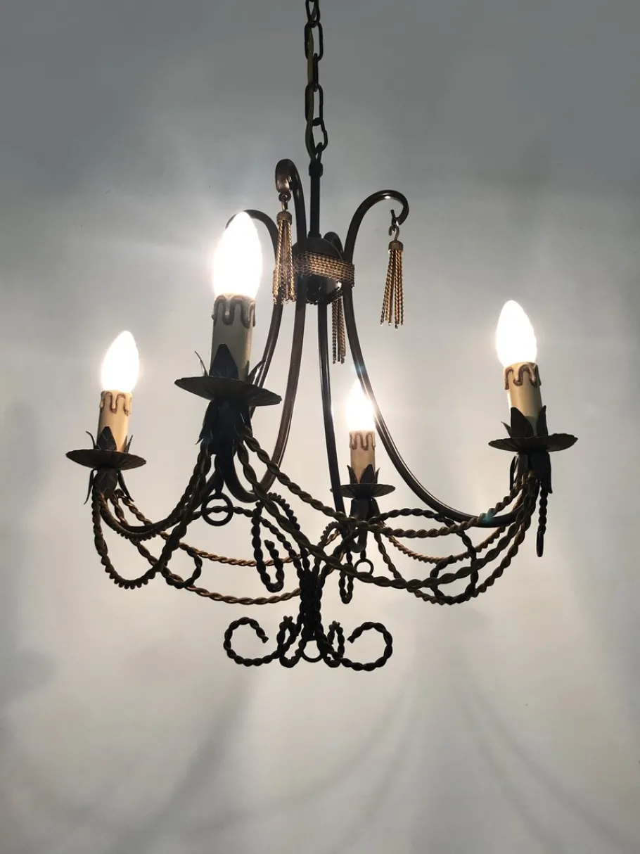 Hot Pamono Vintage 4-Light Chandelier in Brown and Gilt Metal, 1980s