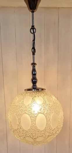 Clearance Pamono Vintage Metal Ceiling Lamp with Round Clear Glass Relief Shade, 1970s