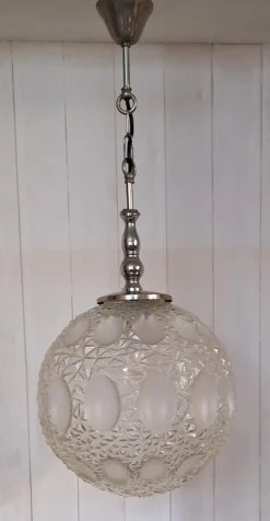 Clearance Pamono Vintage Metal Ceiling Lamp with Round Clear Glass Relief Shade, 1970s