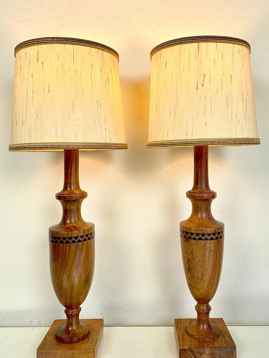 Sale Pamono Vintage Mid-Century Artisan Hand-Crafted Wooden Inlay Table Lamps, Set of 2