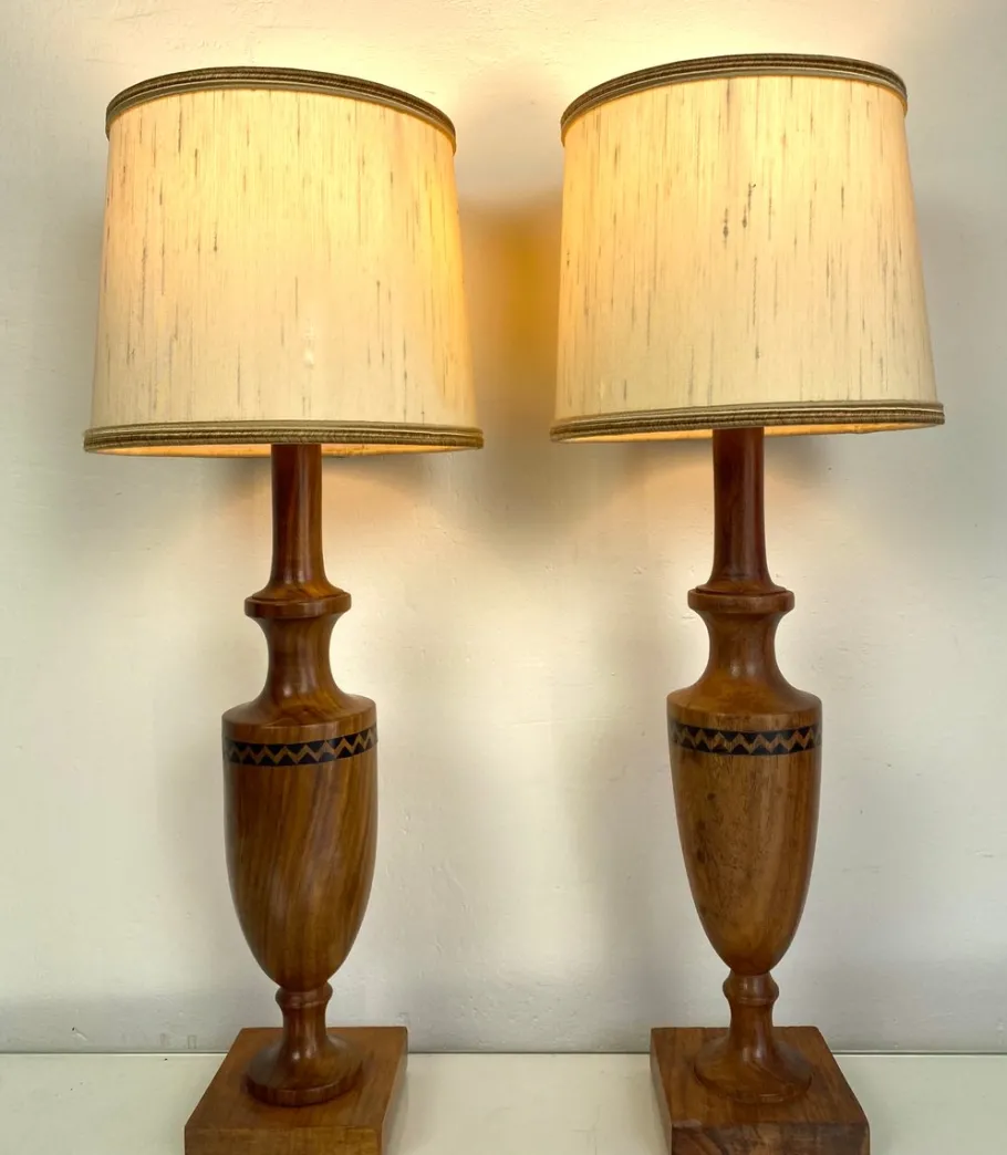 Sale Pamono Vintage Mid-Century Artisan Hand-Crafted Wooden Inlay Table Lamps, Set of 2